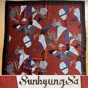 👩‍🍳Vintage Silk Family-Themed Scarf | Japanese | Rust & Chocolate | 34” Square